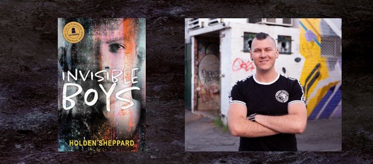 Book cover of Invisible Boys and image of author Holden Sheppard against a wall of graffiti