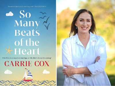 ID: the image is divided into two. The first half is the book cover of So Many Beats of the Heart. The second is an image of author Carrie Cox, who is wearing a loose white button up shirt. She has her arms folded across her and she is smiling into the camera.