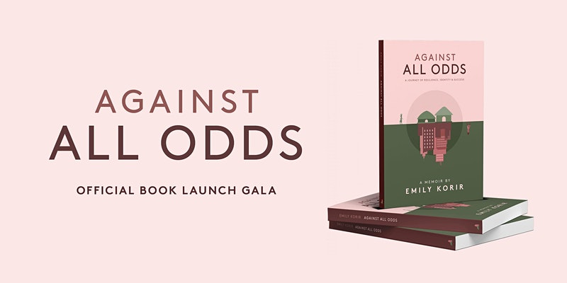 ID: a copy of 'Against All Odds' stands on top of two other copies of the book. There are also the words "Against All Odds Official Book Launch Gala".