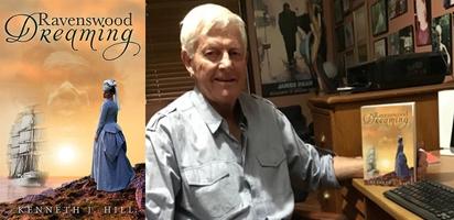 ID: the left third of the image is the bookcover of Ravenswood Dreaming. The right two thirds of the image is of author Ken Hill. He has grey hair, wears a button-up shirt and is smiling slightly.